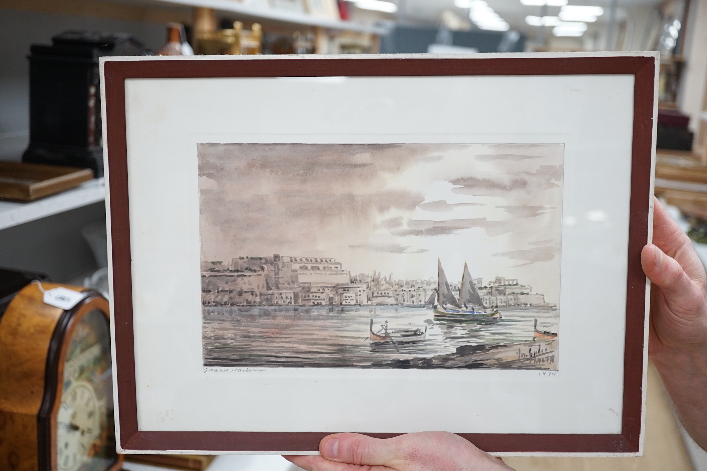 Galea, watercolour, 'Grand Harbour, Malta', signed and dated 1974, 17 x 26cm